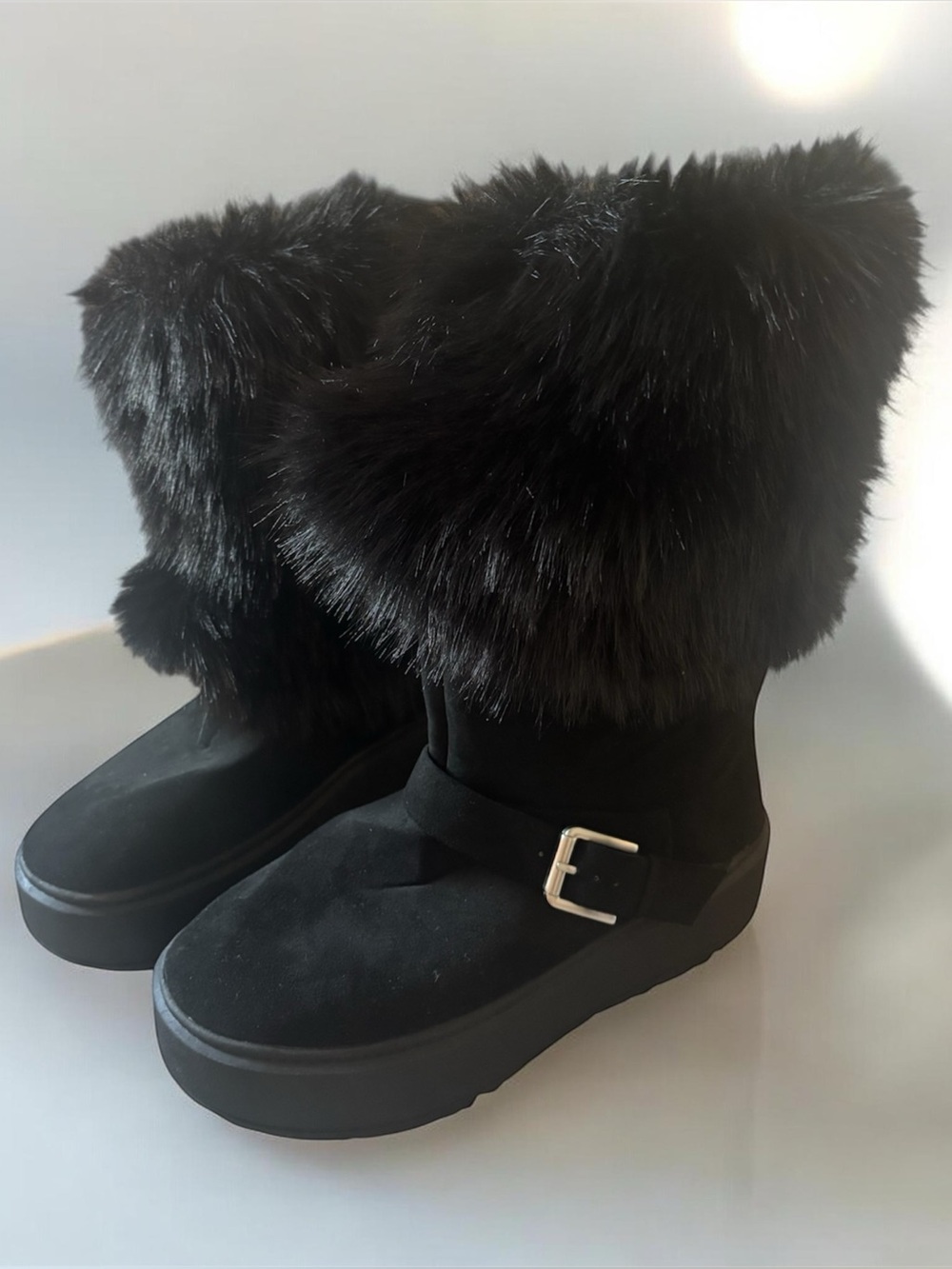 Black Faux Fur Platform Winter Boots - Women